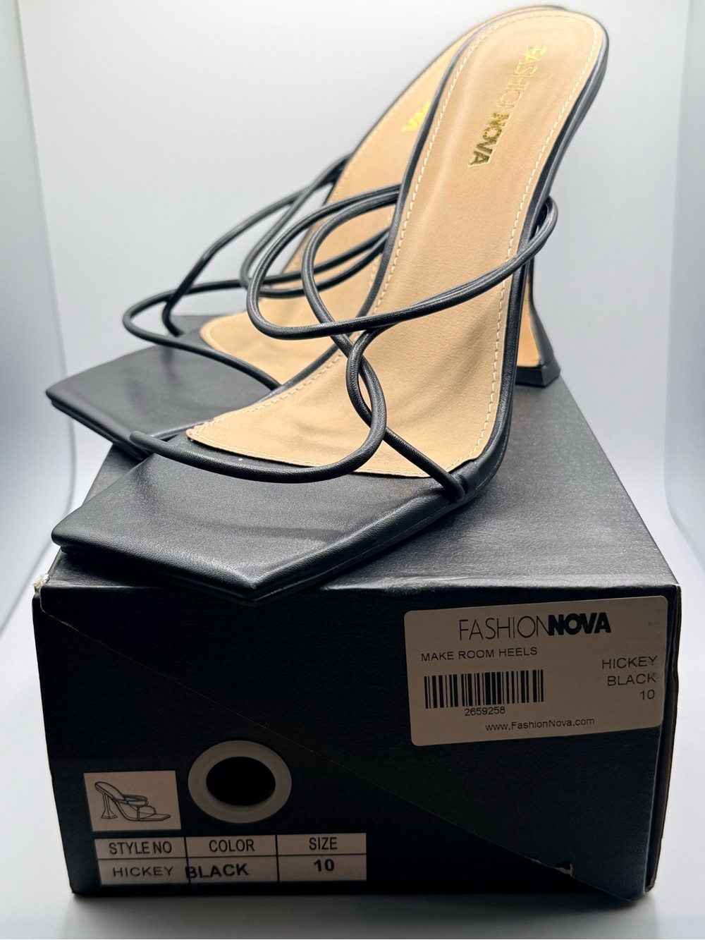 Fashion Nova Black Strappy Square-Toe Heels. NEW IN BOX